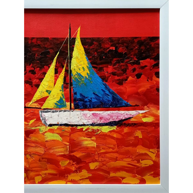 Floated Sailboat Acrylic Painting by Gokulam Vijay – 24" x 24" Vibrant Nautical Wall Art, Handmade Contemporary Canvas