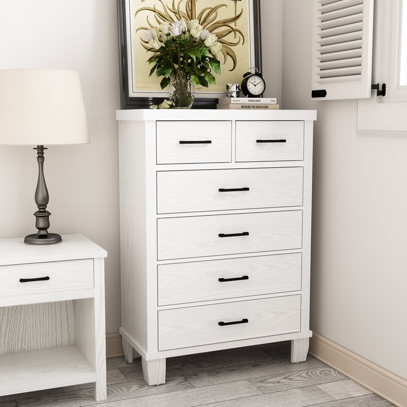 Commode 6 tiroirs pour la chambre à coucher Hayna, commode haute de 45 po avec rangement, commode avec poignées en métal, blanc