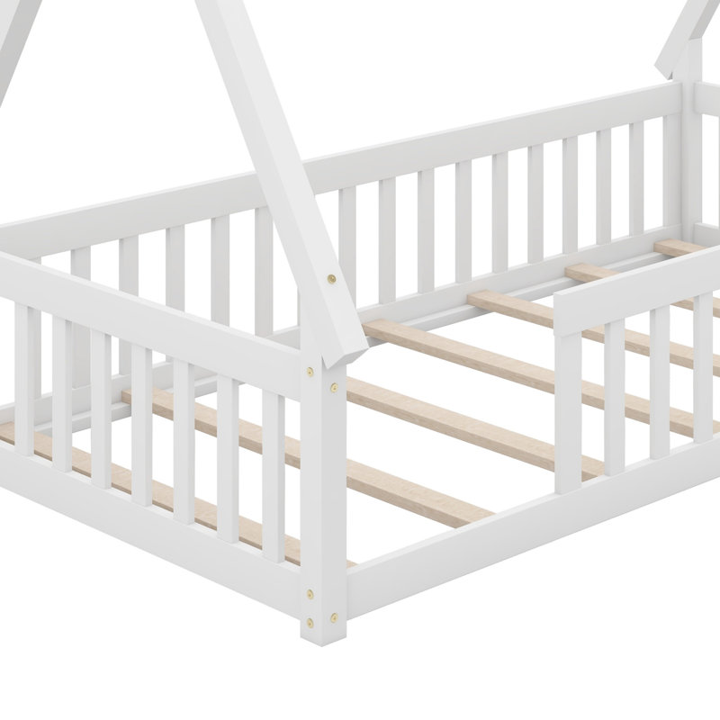 Tent Shaped Floor Bed With Guardrails And Slats, White