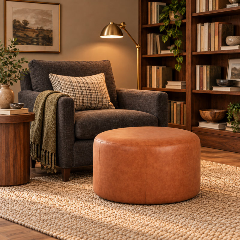 Round Ottoman, Light Brown