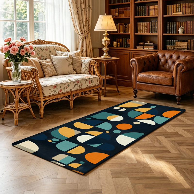 Tapis de couloir de cuisine moderne et géométrique à motif géométrique abstrait et antidérapant bleu marine pour la cuisine, le couloir, la salle de lavage et l'entrée