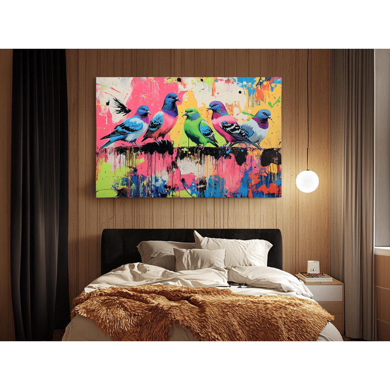 Reproduction sur toile de haute qualité de graffiti coloré de pigeons - décoration murale fabriquée à la main - art élégant - cadeau - décoration murale, reproduction de peinture