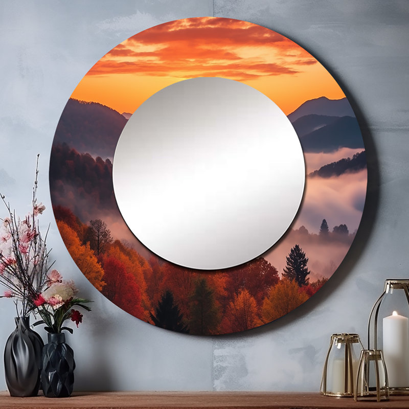 Tennessee Great Smoky Mountains Sunset II - miroir du Tennessee, miroir mural rond orange, impression sur métal