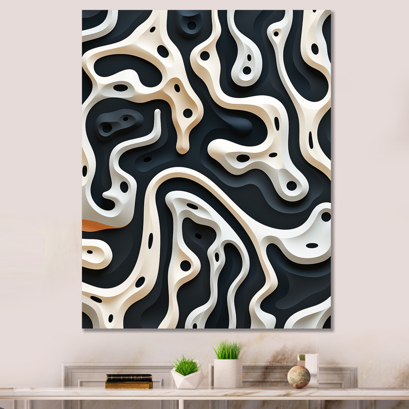Noir et blanc, motif de labyrinthe II - art mural abstrait, salon, H 32 po x l 24 po x P 1 po, Cadre flottant doré