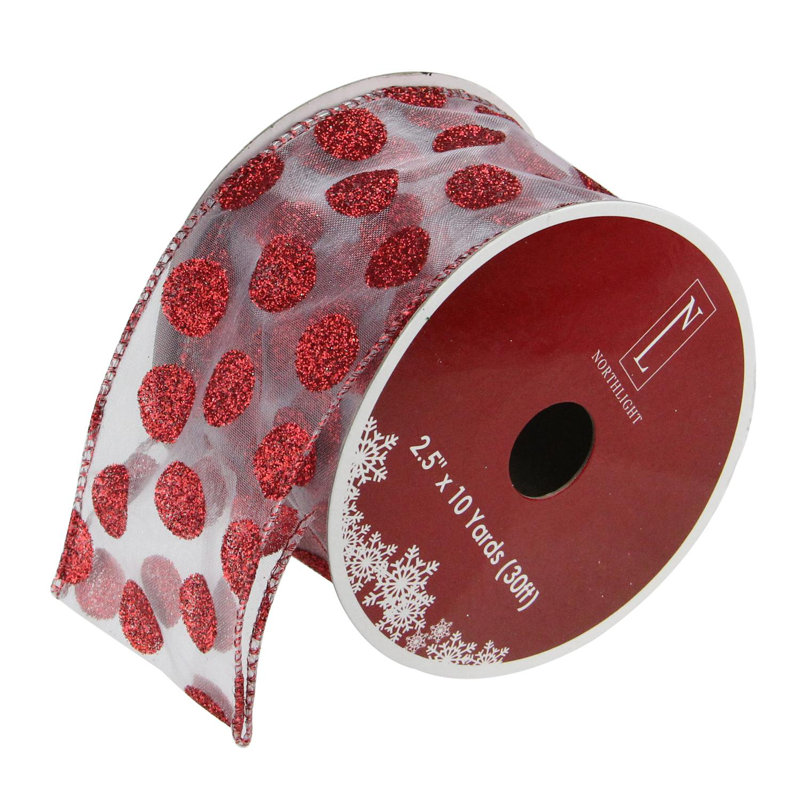 Rubans d'artisanat de Noël à pois scintillants argentés et rouges - 2,5 po x 120 verges