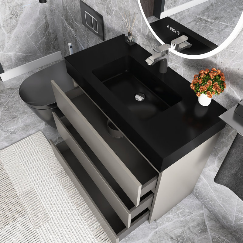 Angelinna 36" Freestanding Single Bathroom Vanity with Top, Black, Gray