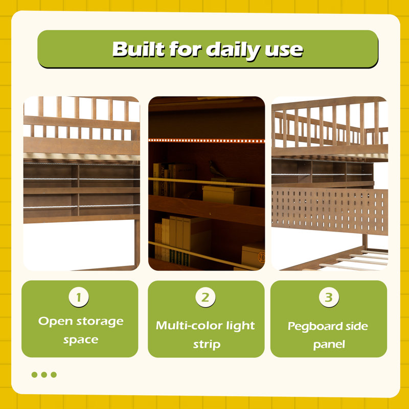 Full Over Full Bunk Bed With Integrated Shelving, Color-Changing Lights And Pegboard, Brown