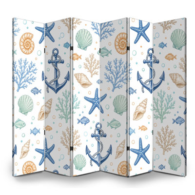 6 Panels Folding Screen Room Divider Royal Nautical Anchors Starfish Shells Coral Pastel Colors Canvas Screen Room Separator Freestanding Protective Wall Divider Privacy Partition