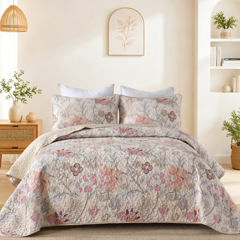 Ensemble de courtepointe 3 pièces Botanical Floral - couvre-lit toutes saisons en microfibre douce et légère, Kaki