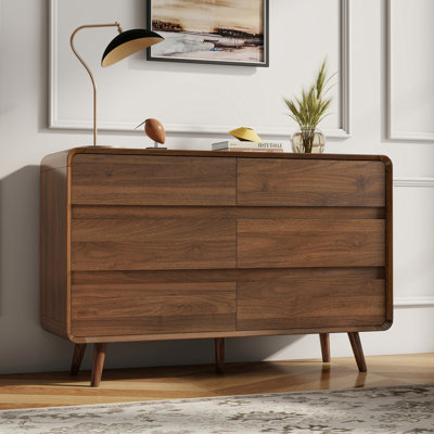 Bedroom Dresser with 6 Drawer, Wood Walnut Modern Dresser, 47.2" W x 15.8" D x 30.7" H