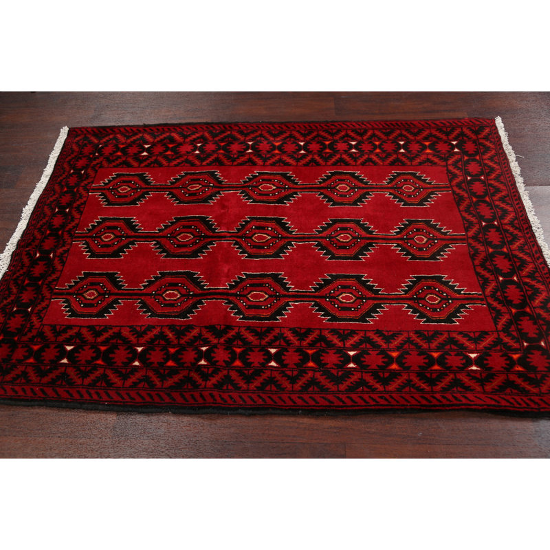 Tapis rouge en laine noué à la main de conception unique 3 pi 9 po x 5 pi 4 po Tyreece