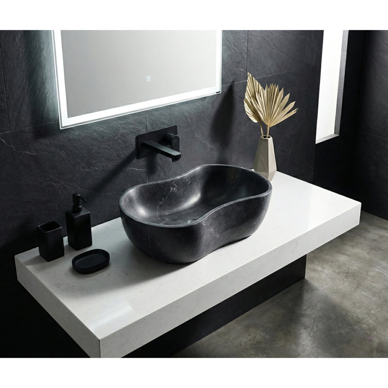 Évier de luxe en marbre naturel gris foncé de 23,6 po, forme ondulée organique, une pièce, finition mate pour la décoration de salle de bain