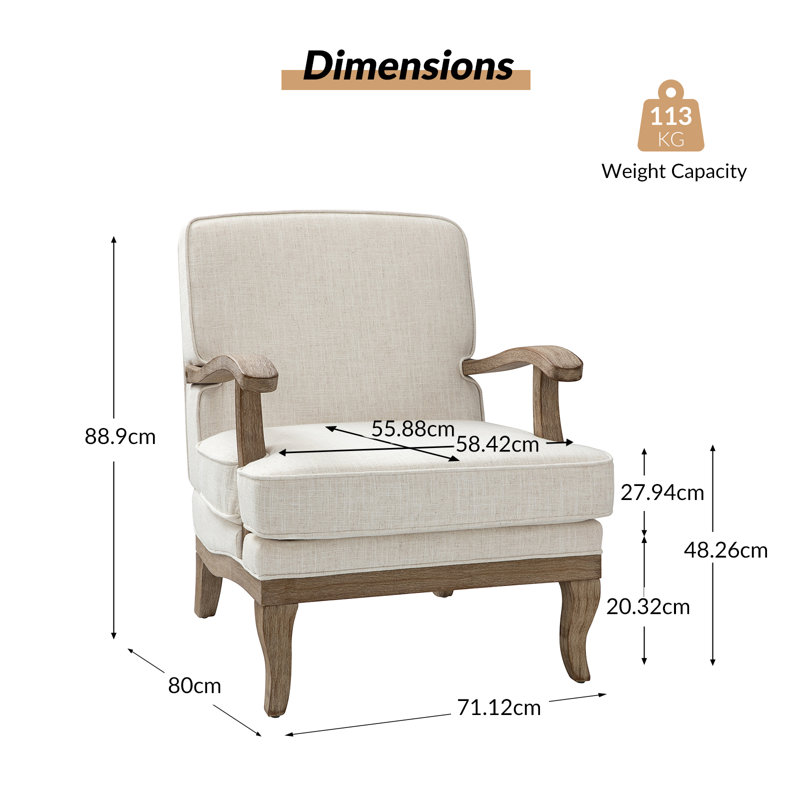 Amilio 71.1cm W Farmhouse Polyester Armchair with Solid Wood Legs, Ivory