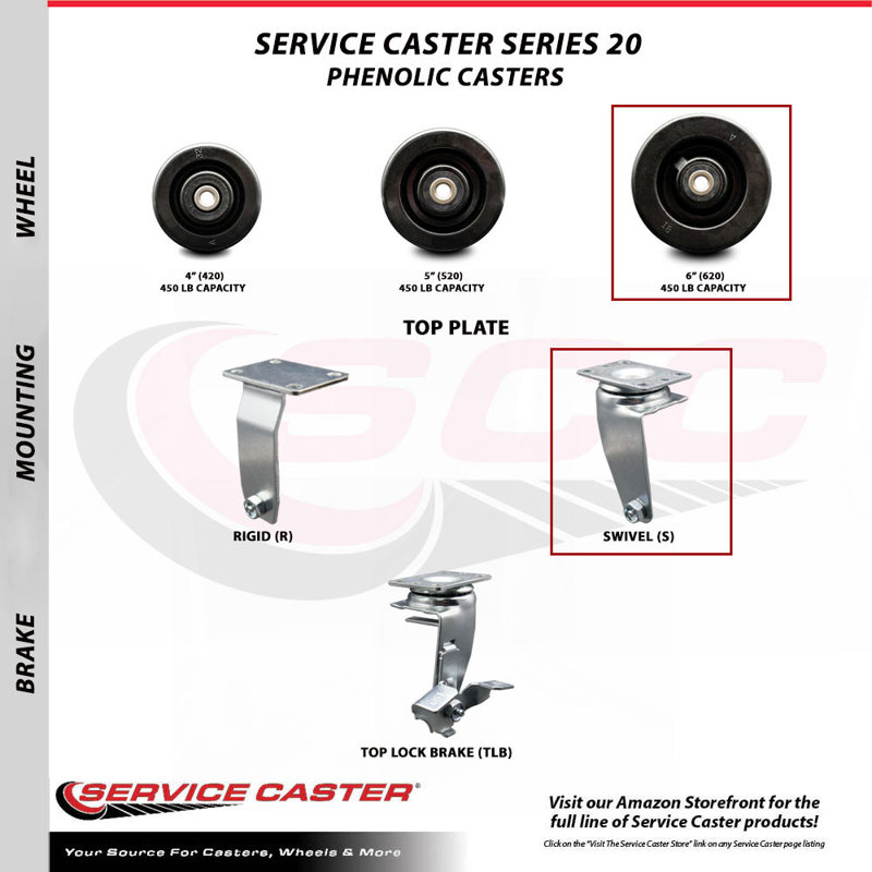 6 Inch Phenolic Caster Set with Ball Bearings 2 Swivel 2 Rigid SCC