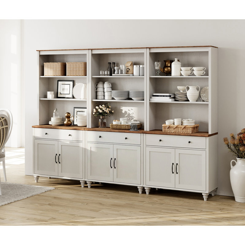 Scarlett Sideboard Cabinet With Bar Hutch, Farmhouse Sideboard Credenza For Dining Room, Modern Buffet Cabinet, Large Storage Cabinet With Wood Doors And 5 Tier Shelve, White, 102"