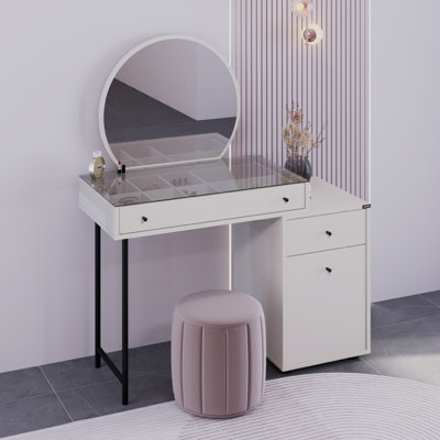 Table de maquillage moderne avec pieds en métal et verre trempé, 42,5 po x 52,4 po x 18,5 po | Panneau de particules enduit, conception murale avec nombreuses tablettes | Élégant et fonctionnel pour les espaces de beauté