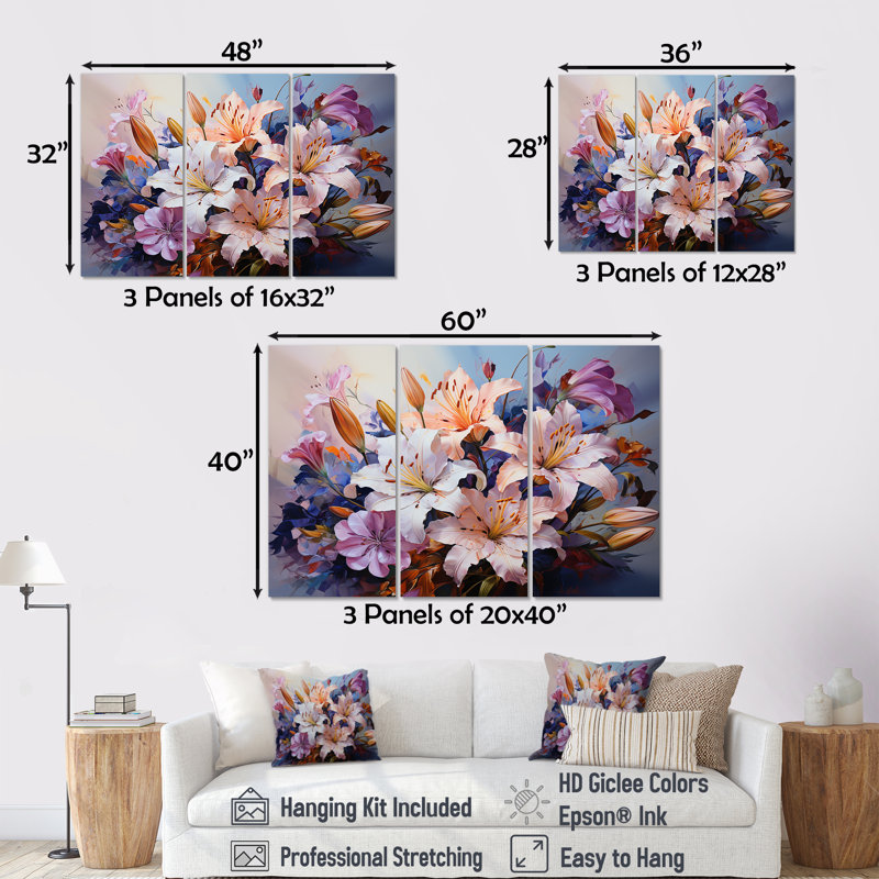 «Pink and White Lilies Country Charm», ensemble d'art mural sur toile fleurs, H 28 po x l 36 po x P 1 po
