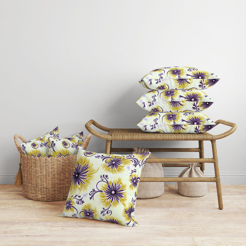 Yellow and Purple Floral Reversible Square Throw Pillow