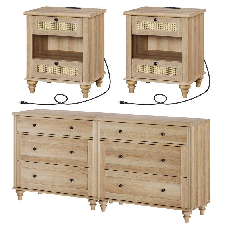 dresser and night table set Scarlett 4 Piece Nightstand Sets, Two 3 Drawer Dressers & Two Rattan Nightstands, Oak Stunning variety of colors with UV Painting finish NOVAMAISON 8 Drawer Dresser &