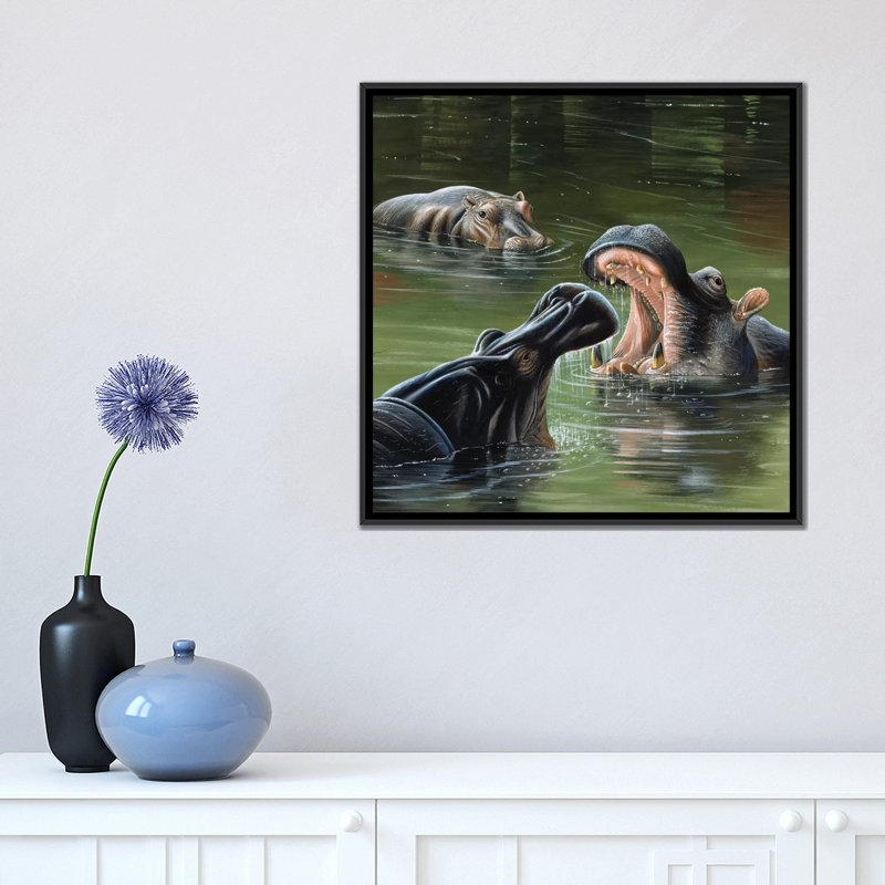 «Hippos in Water», impression sur toile, H 18 po x l 18 po x P 1,5 po, Toile avec cadre noir, Pas de tapis