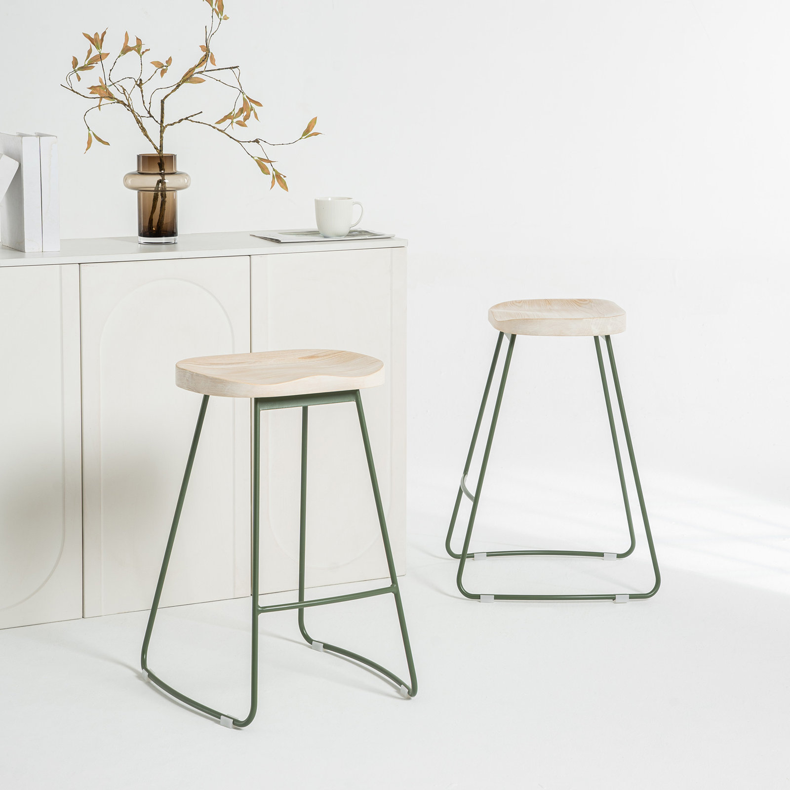 Dodger Solid Wood Stool, Green, Beige