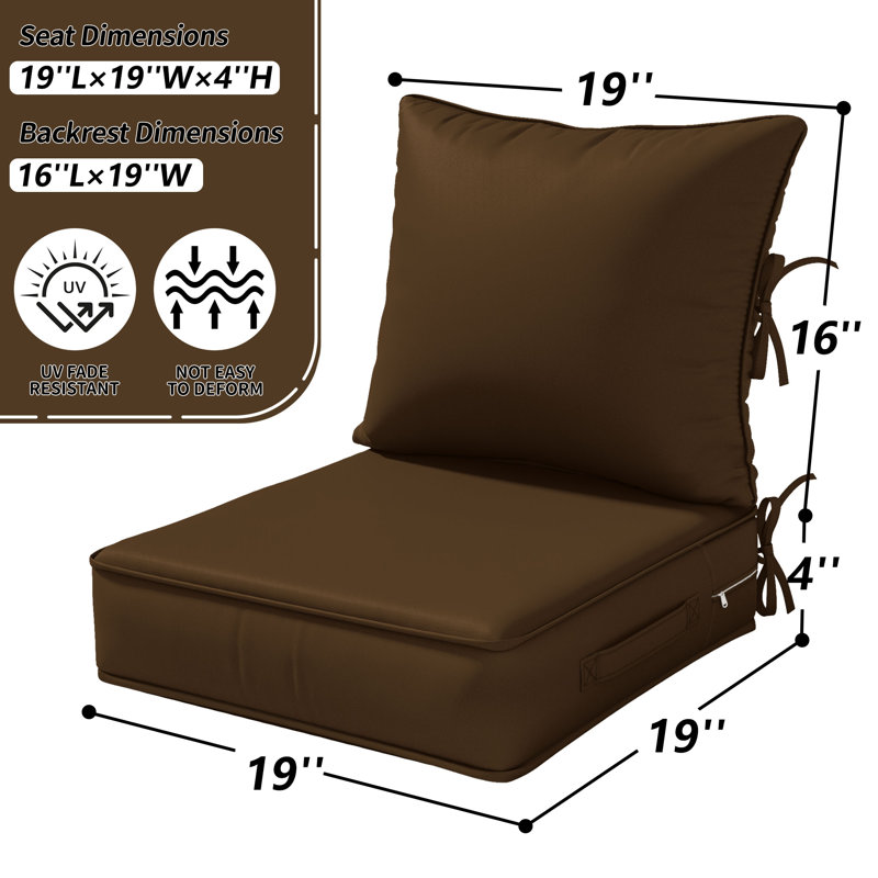 Outdoor Deep Seating Cushion Set Water-Resistant & Fade-Resistant Patio Chair Cushions, 4, Brown, 19" W x 19" D