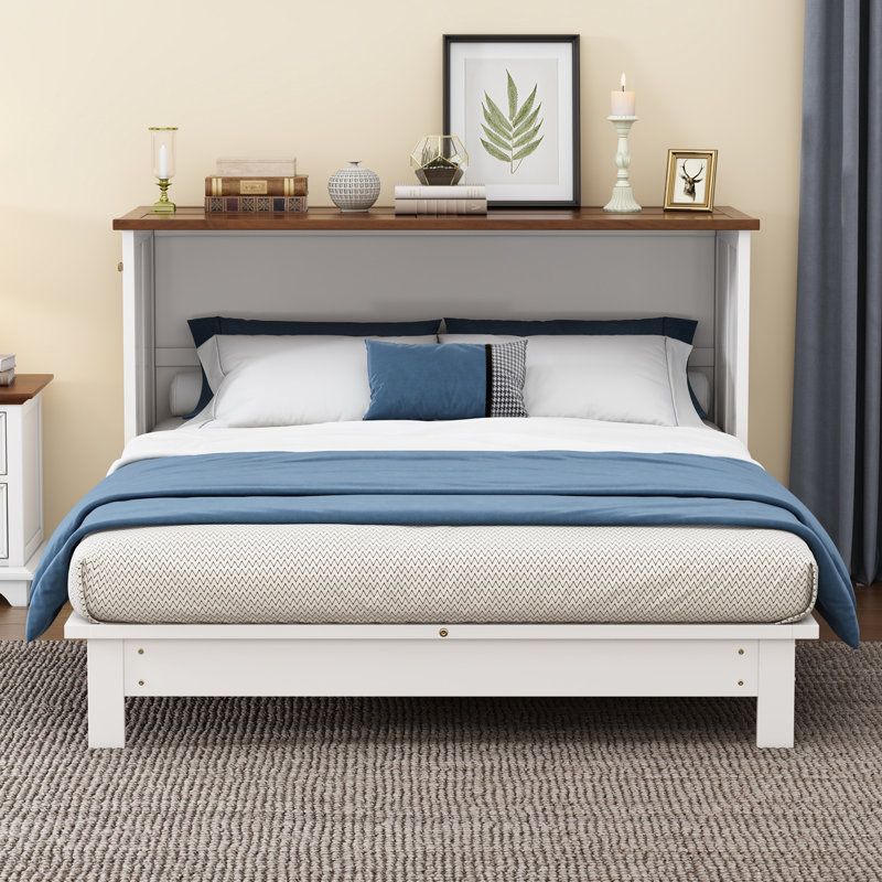 Solid Pine Murphy Bed Chest With Charging Station And Large Storage Drawer For Home Office Or Small Room, Queen