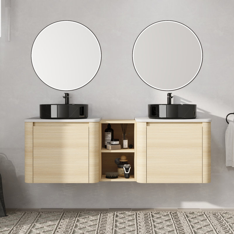 Meuble-lavabo double 60 po avec lavabo en céramique, 60", Noir / blanc