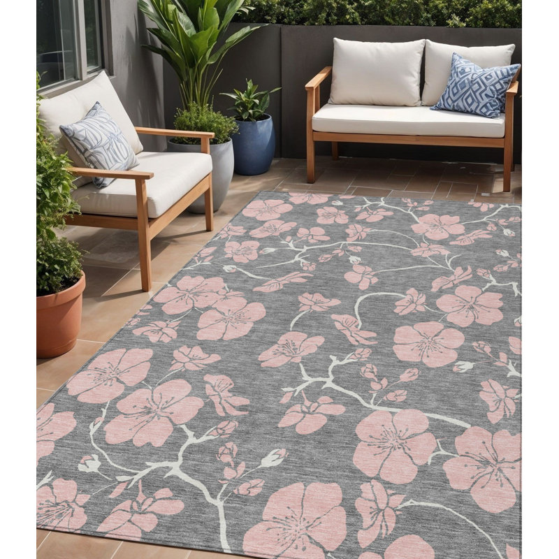 Tapis extérieur lavable floral gris et ivoire 5 pi x 8 pi