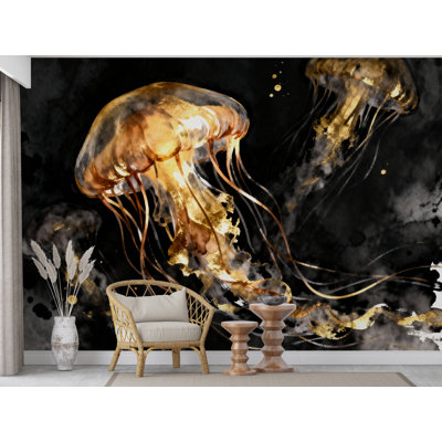 Adhésif décoratif restaurant méduse dorée dorée - sous-marin corail autocollant décoratif océan, chambre d'enfant poisson art ou chambre de bébé (Peel-N-Stick) 999DRS