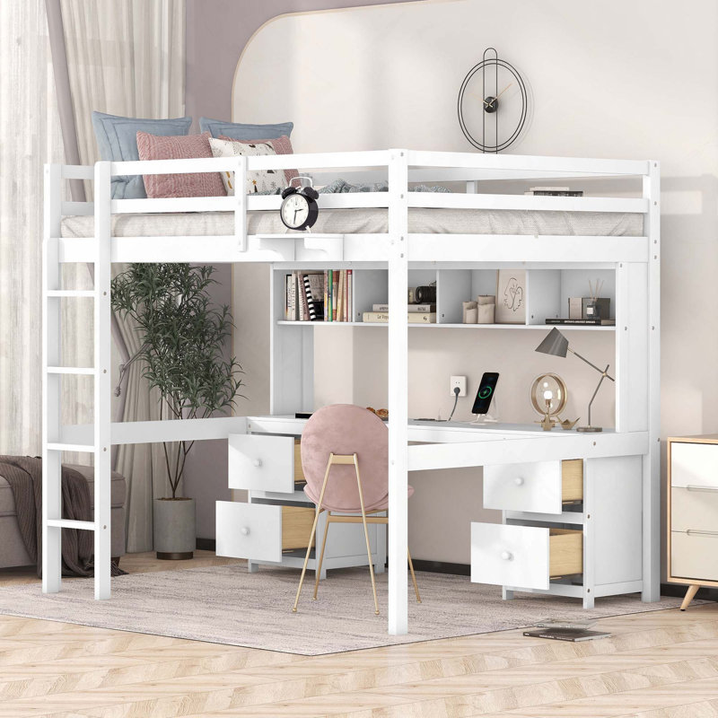 Lit mezzanine en bois avec bureau, ports de chargement et plusieurs rangements - rangement de chevet pleine grandeur blanc, tiroir massif