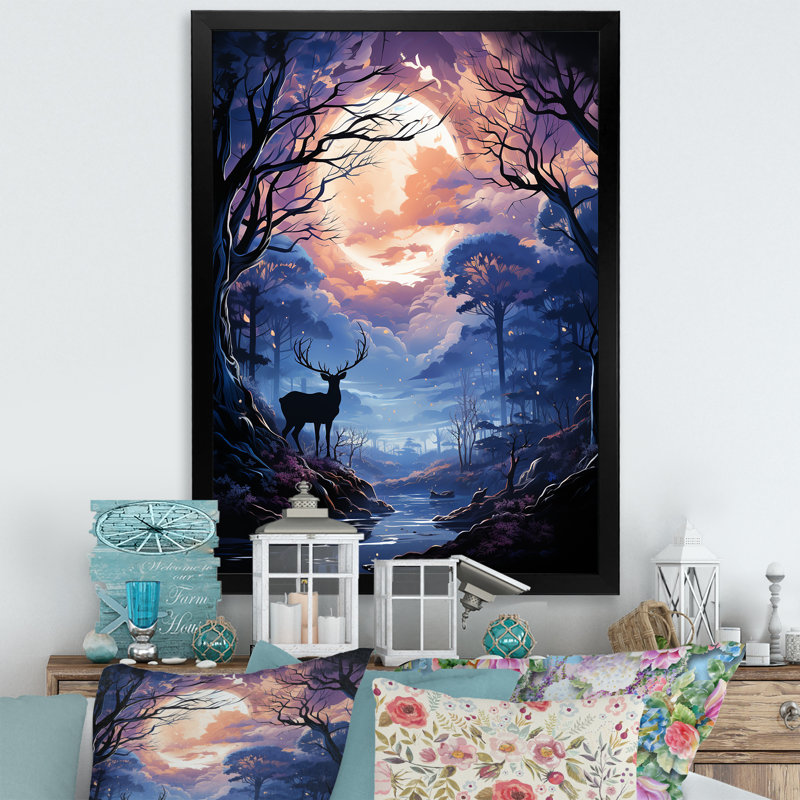 «Deer Moonlit Landscape I - Deer Animal», art mural, Cadre photo argenté, 32" H x 24" W