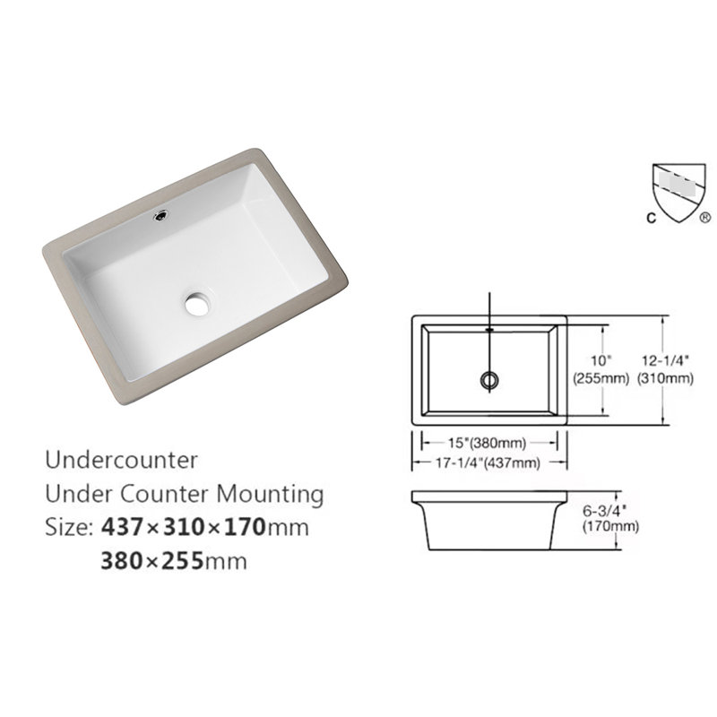 Ceramic Rectangular Undermount Sink 18"x12" With Overflow - White, Sleek Design, To Stains For Different Areas Elegant Style, Acid- Various Spaces