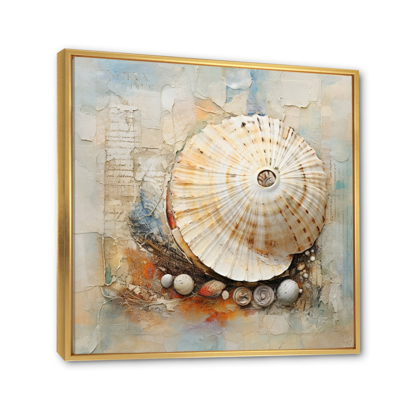 " Abstract Seashell Treasures I ", Gold Floater Framed, 30" H x 30" W x 1" D