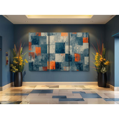 «Triptych», art mural sur toile, art abstrait géométrique moderne, peinture texturée orange et bleu pour la décoration intérieure, reproduction de peinture