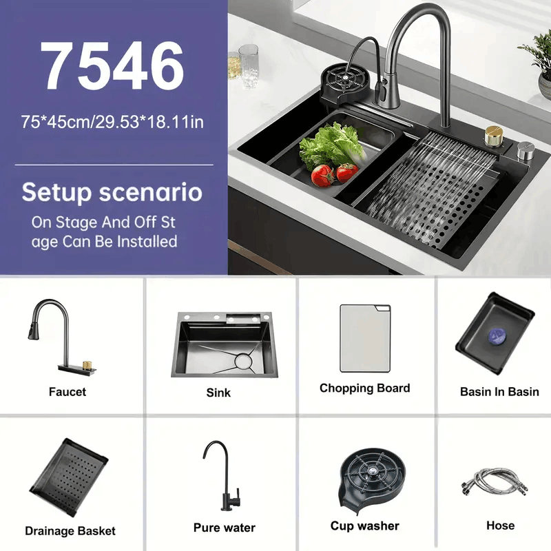 Black Gray31.5" Flying Rain Stainless Steel Waterfall Kitchen Sink with Faucet Single Bowl