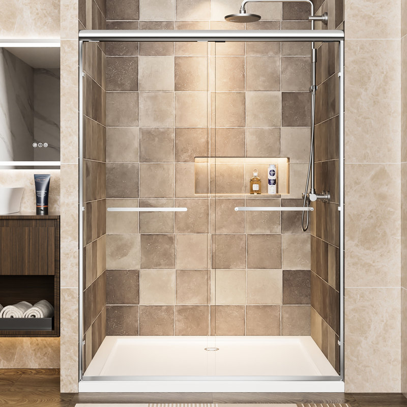 Aluminum Frame 54" Wide And 72" High Double Sliding Shower Door With 1/4" Clear Tempered Glass, - Proof Film, Easy To Install, Corrosion Handles, Waterproof In Bathroom Width, Shatter Dual Stainless