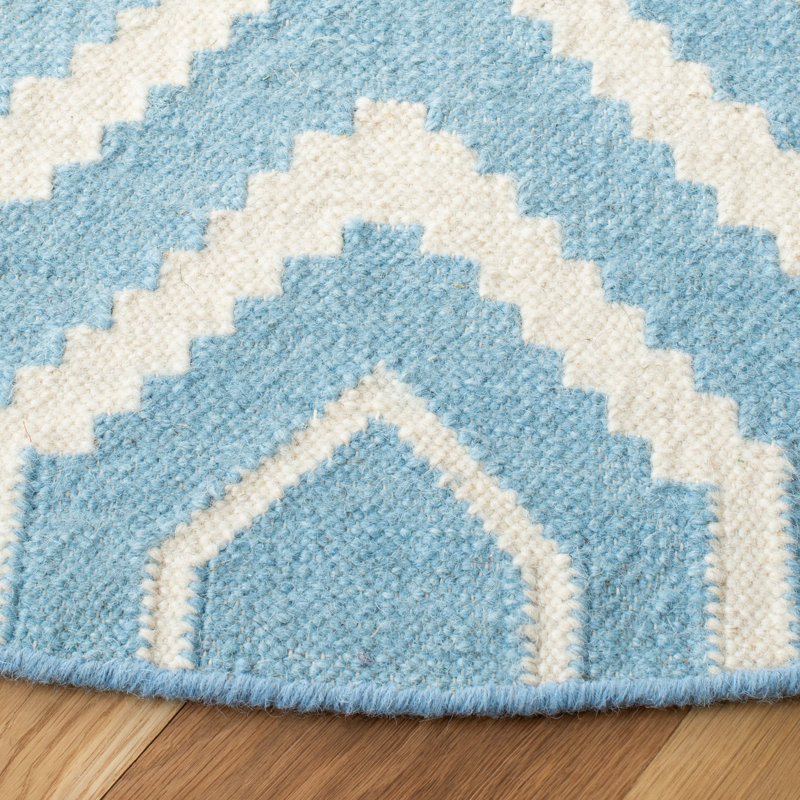 Dhurries Hand Woven Flat Weave Wool/Cotton Geometric Rug in Ivory/Blue, Rectangle 9' x 12'