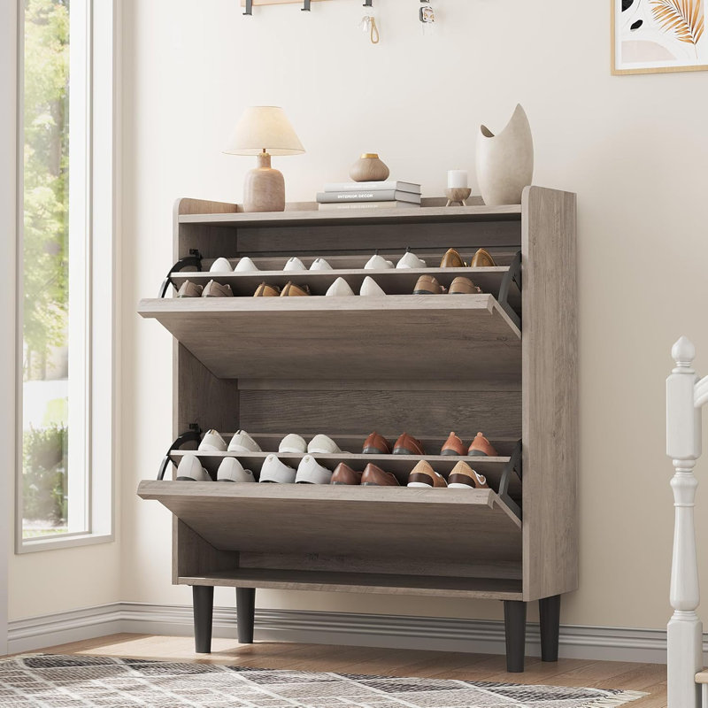 16 Pair Shoe Cabinet With 2 Flip Drawers, Wooden Shoe Organizer Cabinet With Adjustable Shelf, Shoe Storage For Entryway, Hidden Shoe Cabinet For Hallway