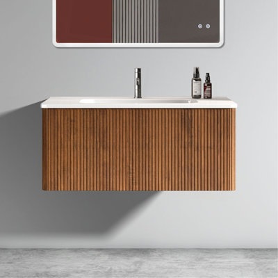 Meuble-lavabo rayé en noyer rayé de 36 po avec lavabo en céramique blanche Etna, pré-assemblé