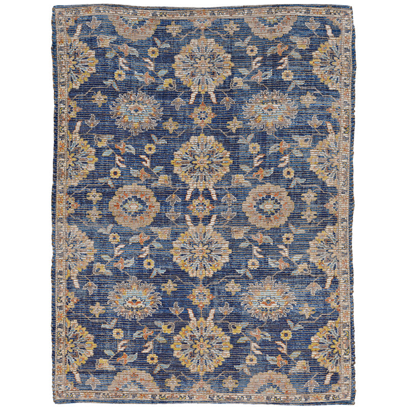 Fason Floral Hand Knotted Area Rug, Rectangle 7'6" x 9'6", Blue