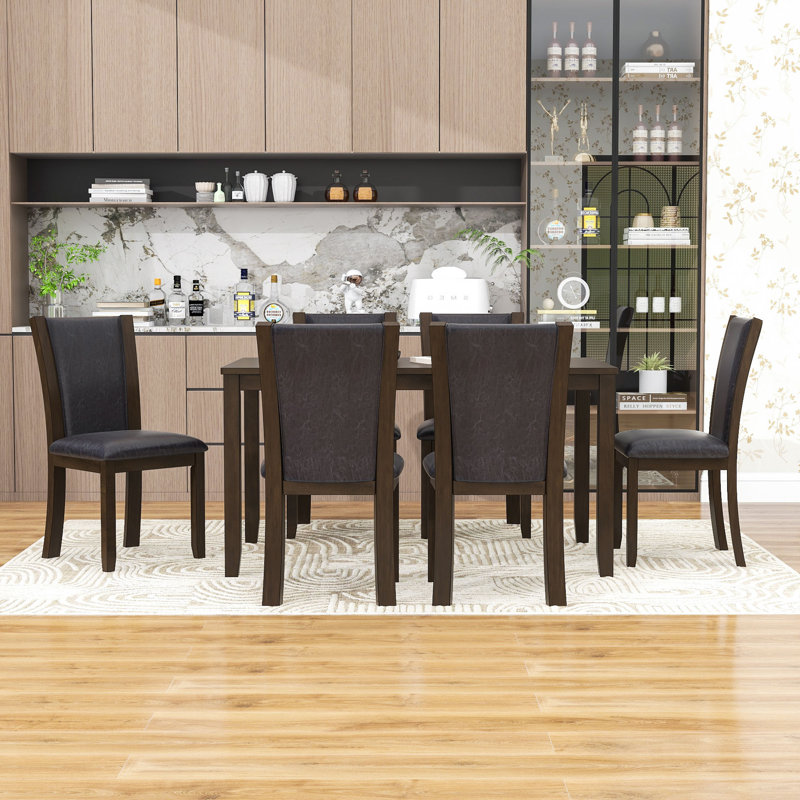 7-Piece Dining Table Set, Rectangular Wooden Dining Table with 6 PU Upholstered Chairs