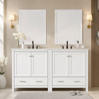 Ensemble de meuble-lavabo 60 po avec lavabos doubles (séparés), lavabos doubles en céramique, tablette de rangement et tiroirs séparés (miroir non inclus) - Solution de salle de bain moderne pour salles de bain spacieuses