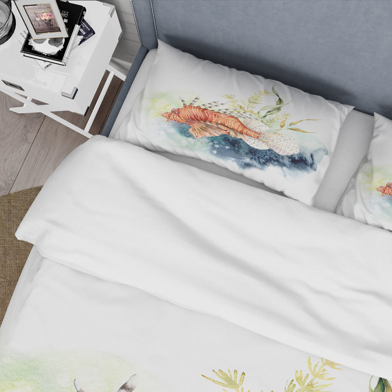 Poisson-lion et varech avec récif de corail et laminaire - ensemble de housse de couette nautique - microfibre de polyester