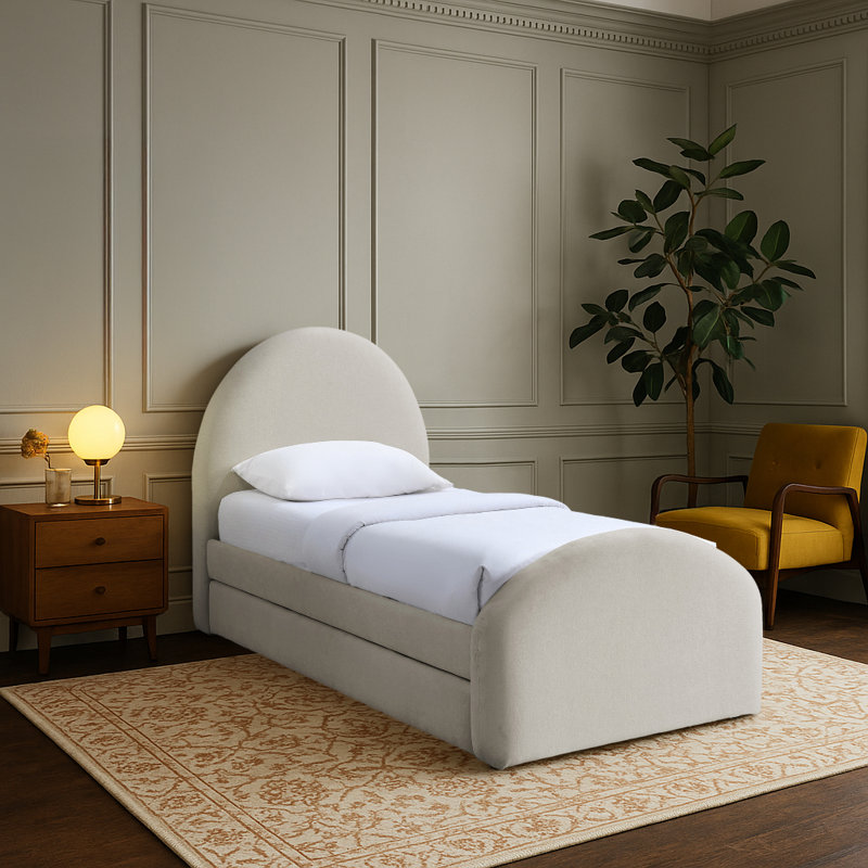 Andaz Chenille Fabric Upholstered Trundle Bed, Beige Chenille Fabric