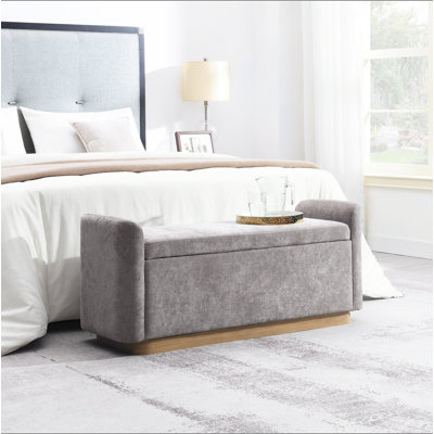 Banc de 49 po avec rangement, banc de repose-pieds avec charnière de sécurité, base en métal doré avec cadre en bois, banc de hall d'entrée rembourré pour chambre à coucher, salon, capacité de poids jusqu'à 350 lb