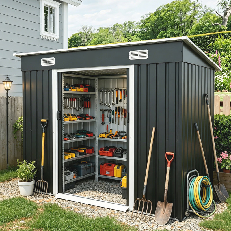 Remise de jardin en acier galvanisé résistant aux intempéries, porte double coulissante peu encombrante avec trous de cadenas, gravier en béton pour plancher sans plancher, drain de ventilation pour outils de pelouse pour vélo