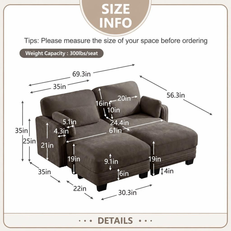 Canapé d'angle modulaire 2 places au design moderne et minimaliste capitonné, avec 2 poufs amovibles. Coussins d'assise épais et résistants. Dossier ergonomique réglable multi-positions. Revêtement en chenille respirante. Parfait pour un salon, un appartement ou un petit espace.