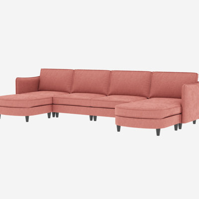 6 Seater Red Fabric U-Shaped With Movable , Breathable Skin - Material And Arm Pocket Storage 141.5'' Large Wooden Structure Comfortable Cushions