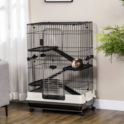 Small Animal House With Movable Wheel Configuration, Black. Suited For Rabbit, Chinchilla, Ferret. Comes Removable Tray & Ramp. 32"l X 45"h 4-level Ca